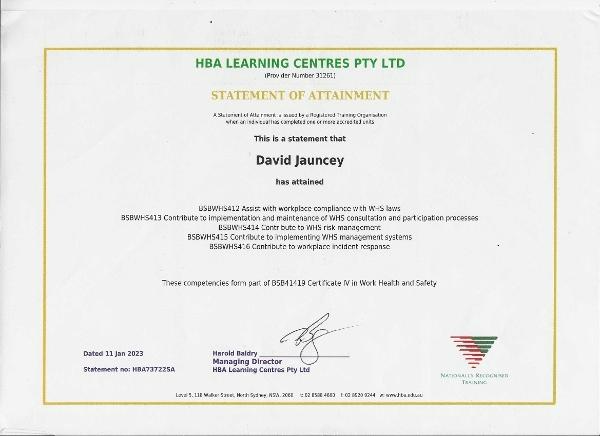David Jauncey - Certification - WHS