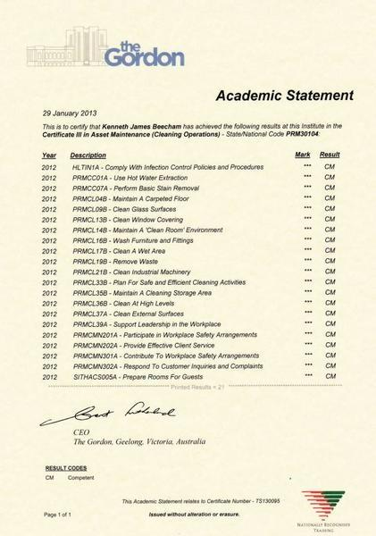 Ken Beecham - Certificate 3 Asset Maintenance (Cleaning Operations) Academic Statement