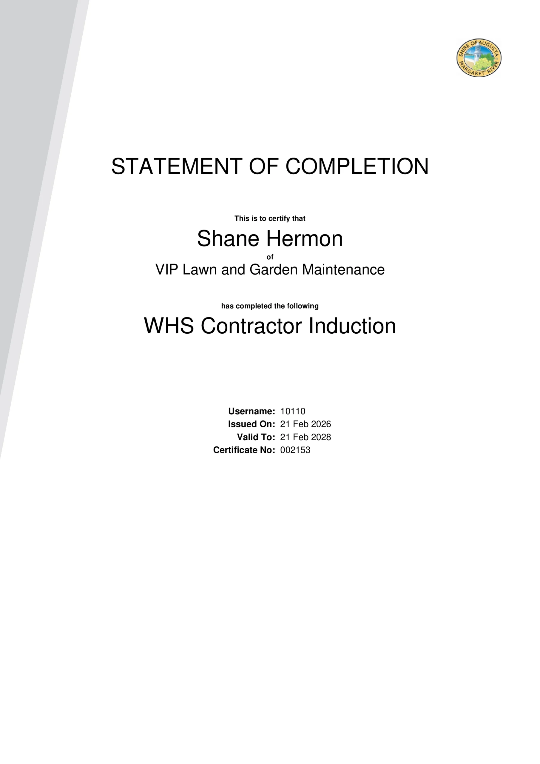 Shane Hermon - WHS Contractor Induction